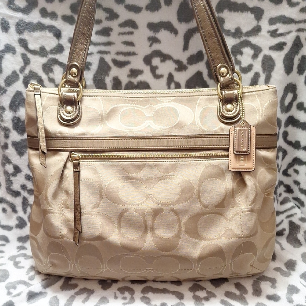 Coach Signature C Beige and Bronze Tote with Gold Shimmer